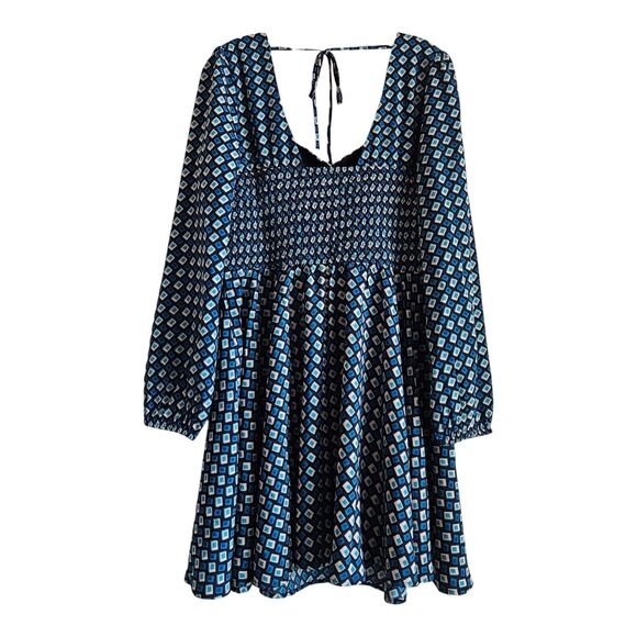 BAND OF THE FREE BOG L Dress Genevieve Teal Diamond Smocked Back Fit & Flare NEW - Picture 11 of 11